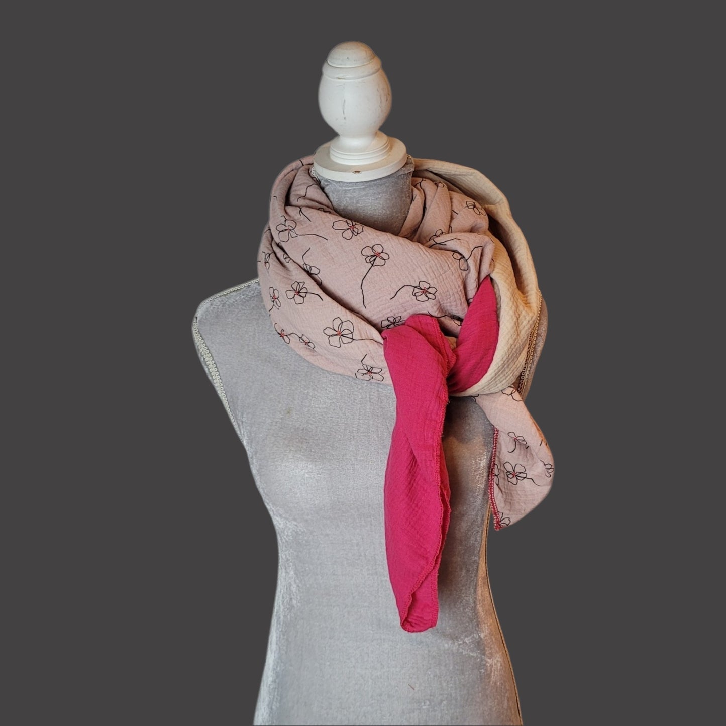 Musselin Halstuch - Blume - beige - fuchsia