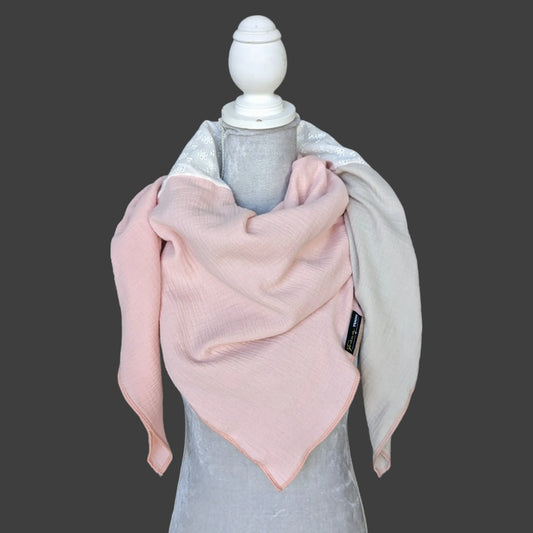 Musselin Halstuch - leicht Rosa-Blümchen bestickt-Beige