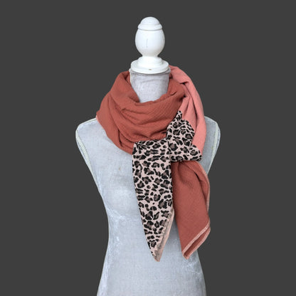 Musselin Halstuch - Leo Schwarz-Coral-Rotes Holz