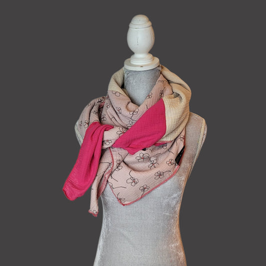 Musselin Halstuch - Blume - beige - fuchsia
